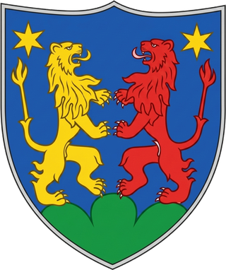 Wappen der Burgerschaft Baltschieder: zwei aufrechte Löwen, gelb und rot, auf blauem Grund über grünem Dreiberg